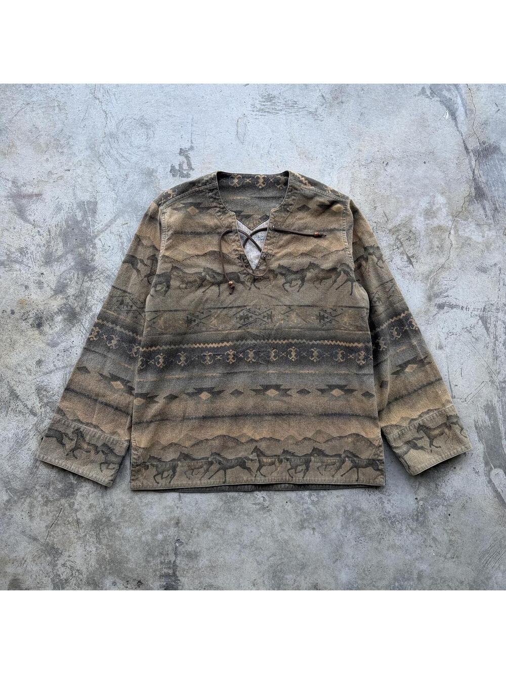 Vintage 70s Western Horse Aztec Print Henley Pullover M